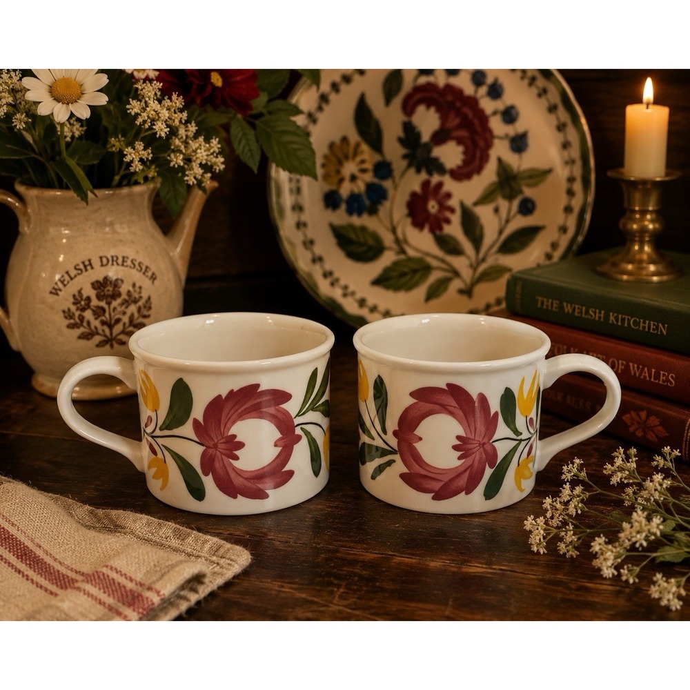 Portmeirion Welsh Dresser Coffee Tea Cups Set of 2 Folk Art England Mugs
